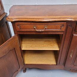 French Oak Louis XV style three drawer three door parquetry top sideboard. It has been sourced from France and is in good original detailed condition.