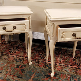Pair French Vintage Louis XV style soft Ivory single drawer bedside tables. They have been sourced from France and are in good original condition.