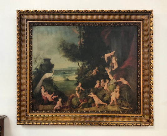 Large French Oil On Canvas Of Romantic Scene With Cherubs