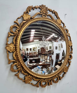 Large Round Convex Mirror In Carved Wooden Gilt Frame | Antique & Vintage | Moonee Ponds Antiques | Australia Wide Delivery