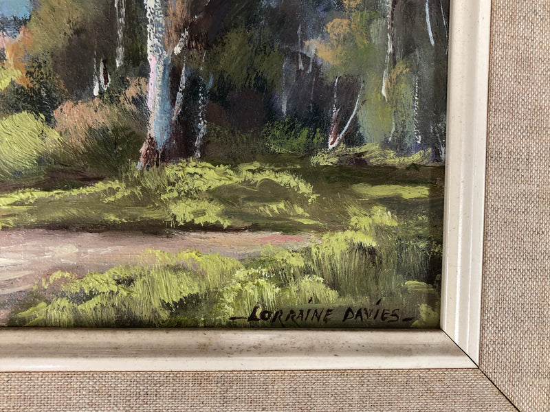 Lorraine Davies framed oil on board Australian farmhouse landscape. Written on the back is Don Valley Road, Launching Place Vic. In very good original condition.