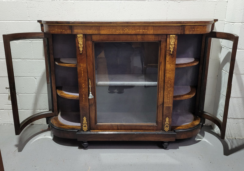 Victorian Rosewood inlaid side cabinet/credenza with velvet lined shelves and gilt mounts. It has been sourced locally and is in good original condition with loads of character.
