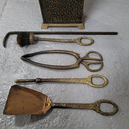 Art Nouveau five piece fire tool set in decorative box. All tools are in original good used condition, please view photos as they help form part of the description.