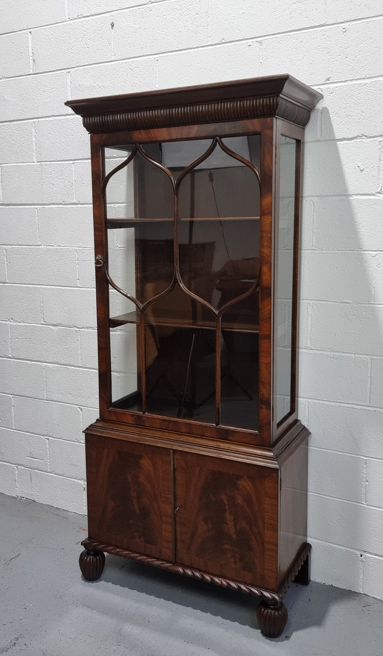 Beautiful Edwardian Walnut and Figured Walnut display cabinet of pleasing narrow proportions. In good original detailed condition