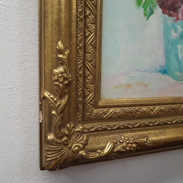A beautiful Impressionist still life painting of a bouquet of flowers framed in a French style gilt frame. Acrylic paint on board signed by Stephen Tandori, Australia