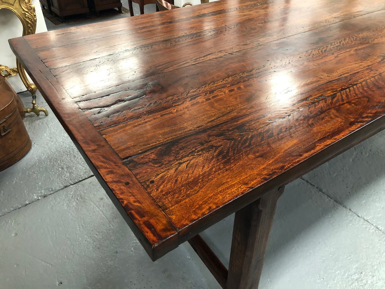 French style reclaimed timber Farmhouse table. Made from reclaimed Red Gum timber this table is very solid and has a great width at 105 cm. It is in very good original detailed condition.