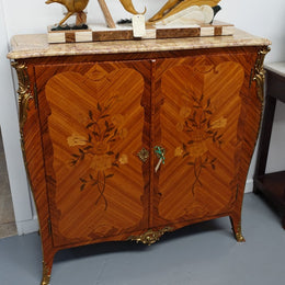 French Louis XV Style Marquetry Kingwood And Walnut Inlaid Marble Top Cabinet