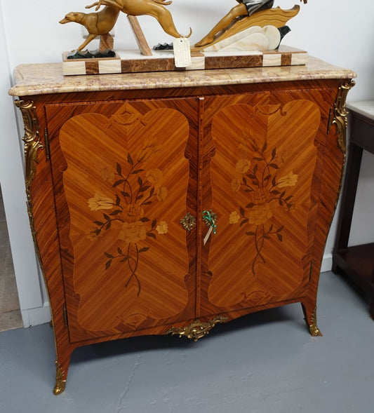 French Louis XV Style Marquetry Kingwood And Walnut Inlaid Marble Top Cabinet