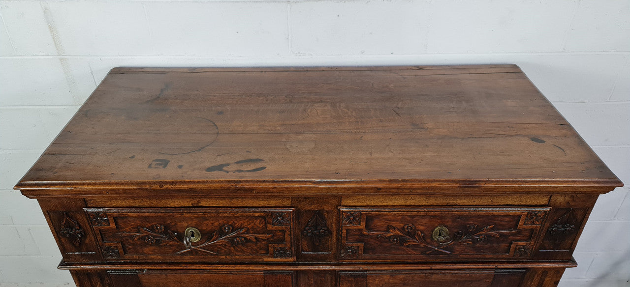 18th Century French Oak Tall Sideboard With  Detailed Carvings