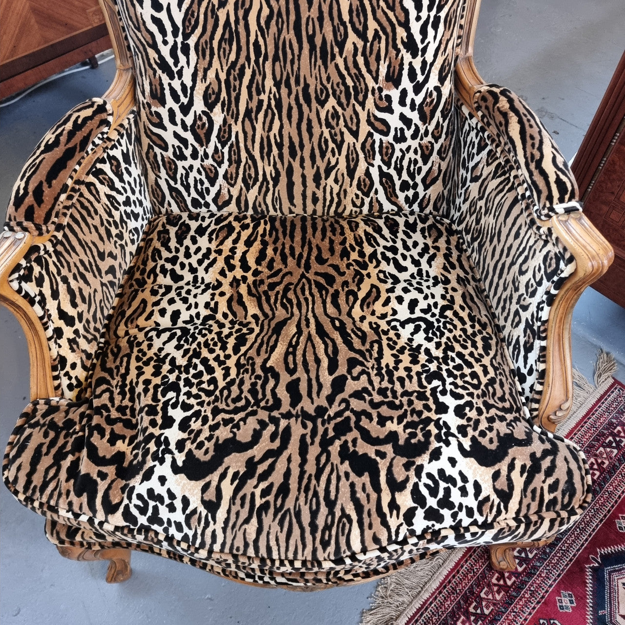 A French Louis XV style Armchair With Leopard Print Upholstery With Matched Footstool | Antique & Vintage | Moonee Ponds Antiques | Australia Wide Delivery