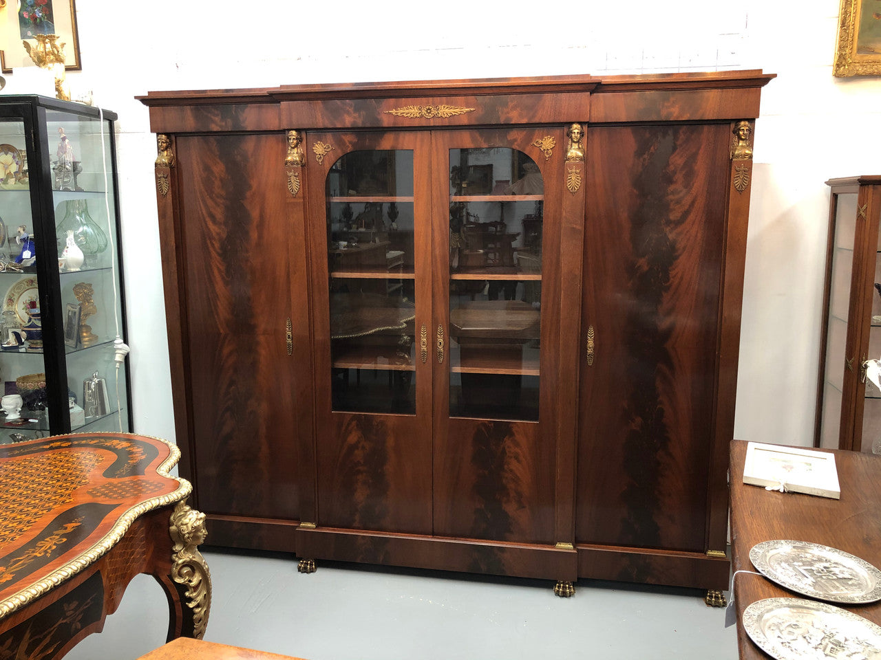 Superb Four Door French Empire Flame Mahogany Bookcase