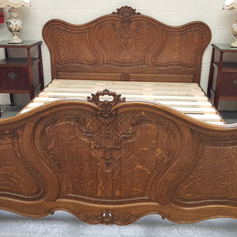 French Oak Louis XV Style Queen Size Bed & Rails
