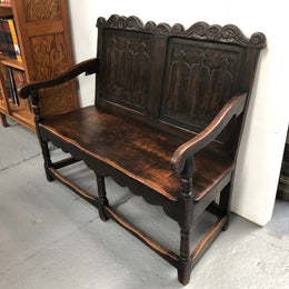 French 19th Century Oak hallway bench seat. Very comfortable to sit on and is in good original detailed condition.