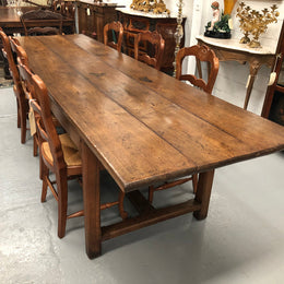 19th Century French three meter Farmhouse table with a beautiful original rustic top. In very good original detailed condition.