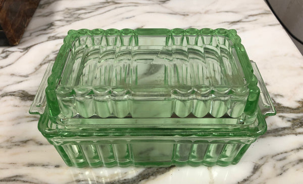 Green Depression Glass Butter Dish