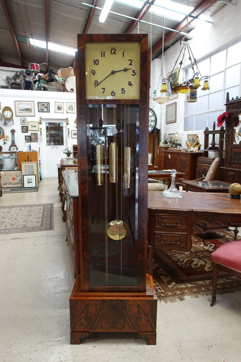 Art Deco Figured Walnut Grandfather Clock | Antique & Vintage | Moonee Ponds Antiques | Australia Wide Delivery