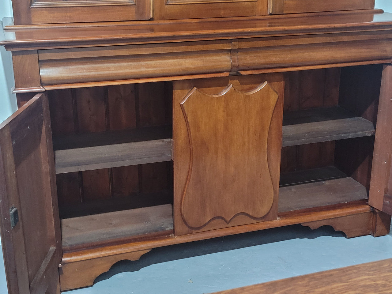 Edwardian Mahogany Bookcase With 3 Glass Display Doors & 3 Shield Cupboards Below | Antique & Vintage | Moonee Ponds Antiques | Australia Wide Delivery