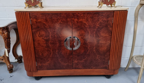 Beautiful Bespoke Art Deco style Walnut and Mahogany marble top buffet. In good original detailed condition.