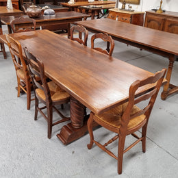 Amazing French Oak Spanish Renaissance style dining table with beautiful decorative iron work. It has been sourced from France and can comfortable seat 8- 10 people. Sourced from France and is good original detailed condition.