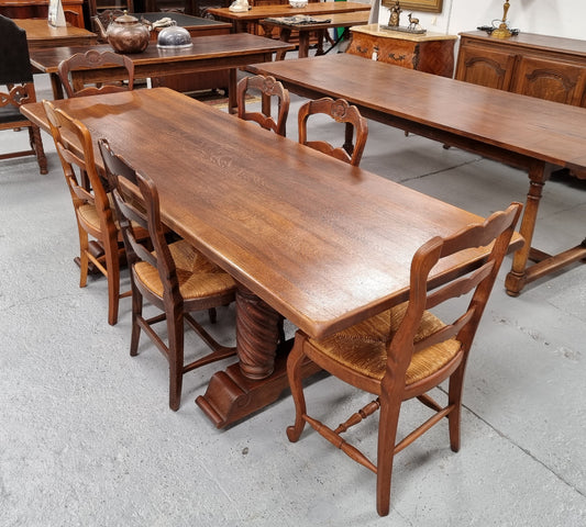 Amazing French Oak Spanish Renaissance style dining table with beautiful decorative iron work. It has been sourced from France and can comfortable seat 8- 10 people. Sourced from France and is good original detailed condition.
