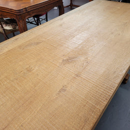 Stunning French Oak Farmhouse table with two extension leaves. When fully extended the table measures to a massive 339.5 cm long. Sourced from France and in good original detailed condition.