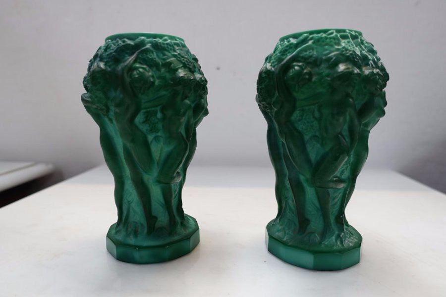 Pair Of Czechoslovakian Malachite Vases