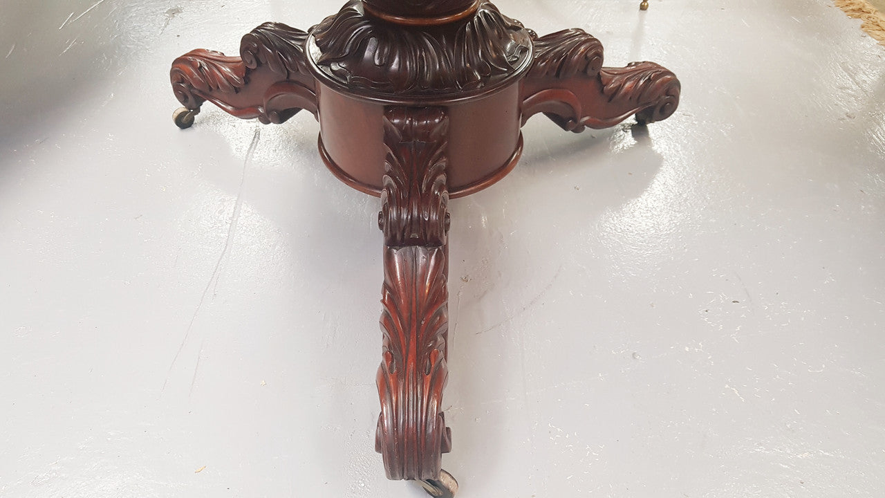 A superb early 19th century French Louis Philippe mahogany centre table, with original round carved rough marble with reeded-edge and is in good original condition.