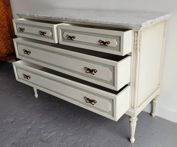 Charming Vintage French Louis 16th style original chalk painted chest of four drawers. It has been sourced from France and in good original condition.