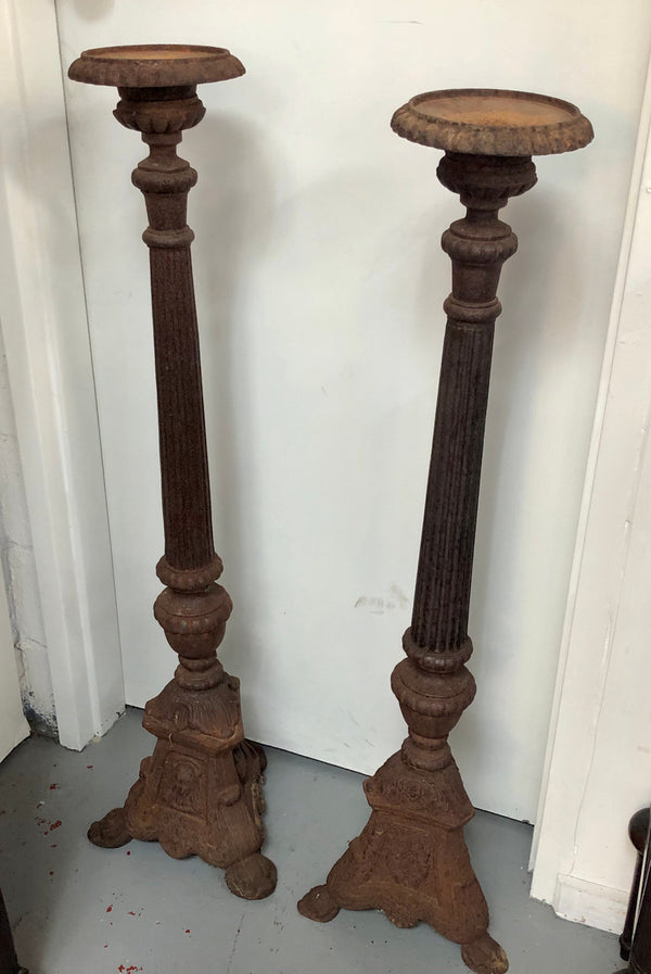 Rustic French Pair Of Tall Heavy Cast Iron Candlesticks