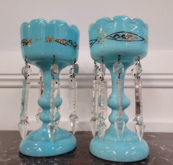 Pair of blue Opaline glass Victorian lustre vases. Please view photos as they help form part of the description.