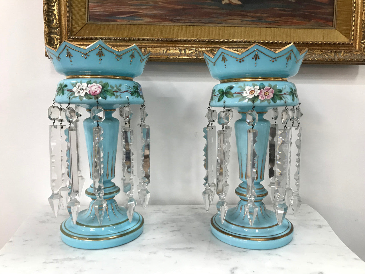 A Pair Of Victorian Blue Glass Lustres