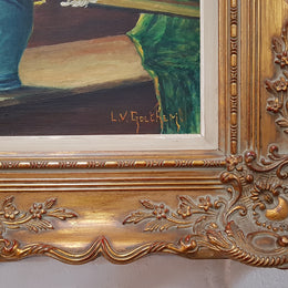 French Gilt Frame Oil On Canvas Of Flowers & Country Scene