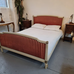 French Queen size upholstered Louis XV style painted bed. Comes with custom made slats, all you need to is place you mattress on top.