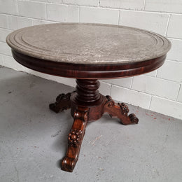 French 19th Century Napoleon III Walnut and marble top centre table. It has been sourced from France and is in good original detailed condition.