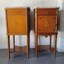 Pair of Louis XVI Style Mahogany Marquetry Inlaid Marble Top Bedside Cabinets | Antique & Vintage | Moonee Ponds Antiques | Australia Wide Delivery