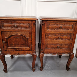 Pair of French provincial  Oak bedsides. They have attractive cravings and there is one with three drawers and other one has a cupboard and a drawer. They have been sourced from France and are in good original detailed condition.