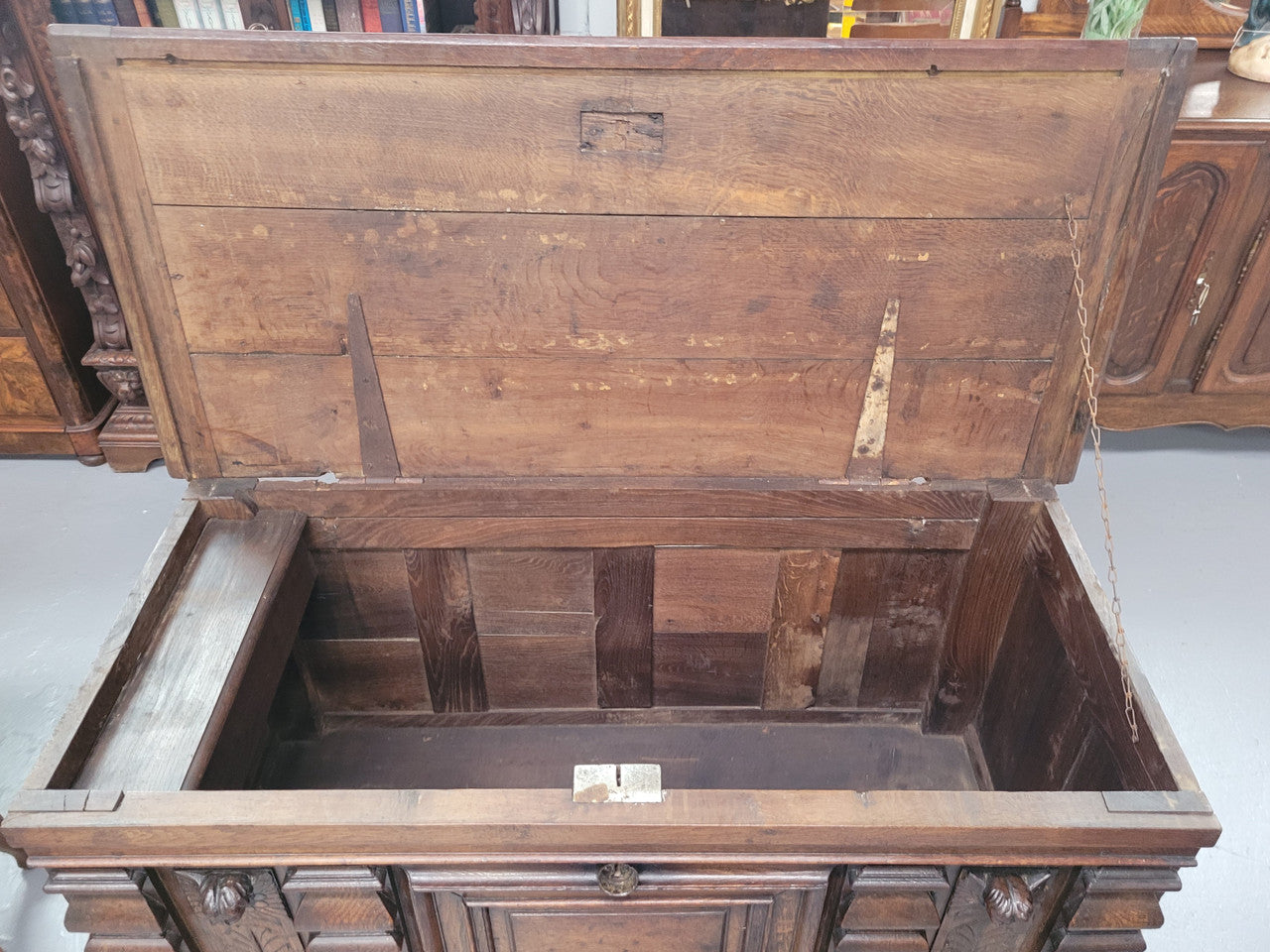 Stunning 18th Century solid French oak Cassone. It has plently of storage space inside along with two drawers at the bottom. It has loads of charter and has been sourced from France. It is in good original detailed condition.