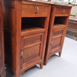 Pair of French Oak Arts & Crafts Marble Top Bedsides