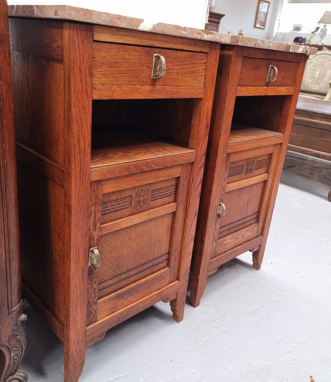 Pair of French Oak Arts & Crafts Marble Top Bedsides