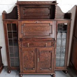 Oak Tudor Style Secretaire Bookcase With Leadlight Doors