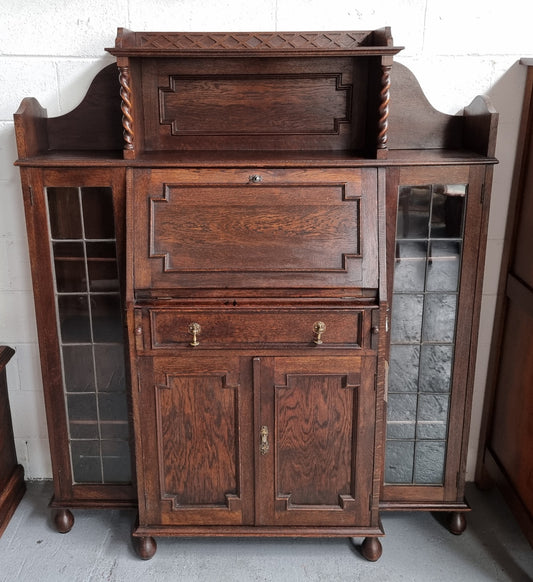 Oak Tudor Style Secretaire Bookcase With Leadlight Doors