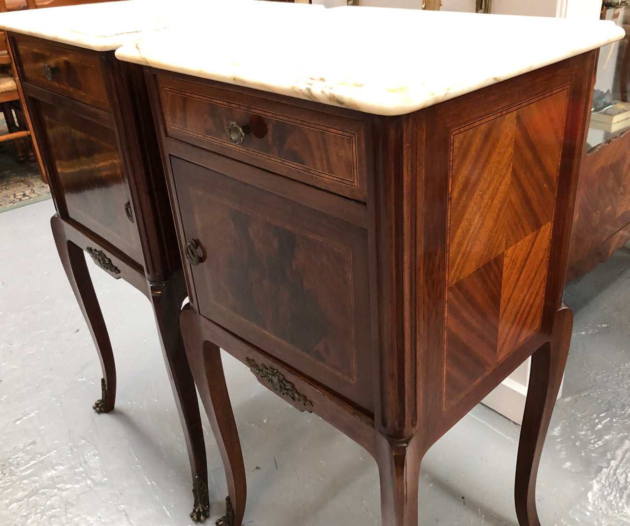 Beautiful Pair Of French Flame Mahogany Bedsides | Antique & Vintage | Moonee Ponds Antiques | Australia Wide Delivery