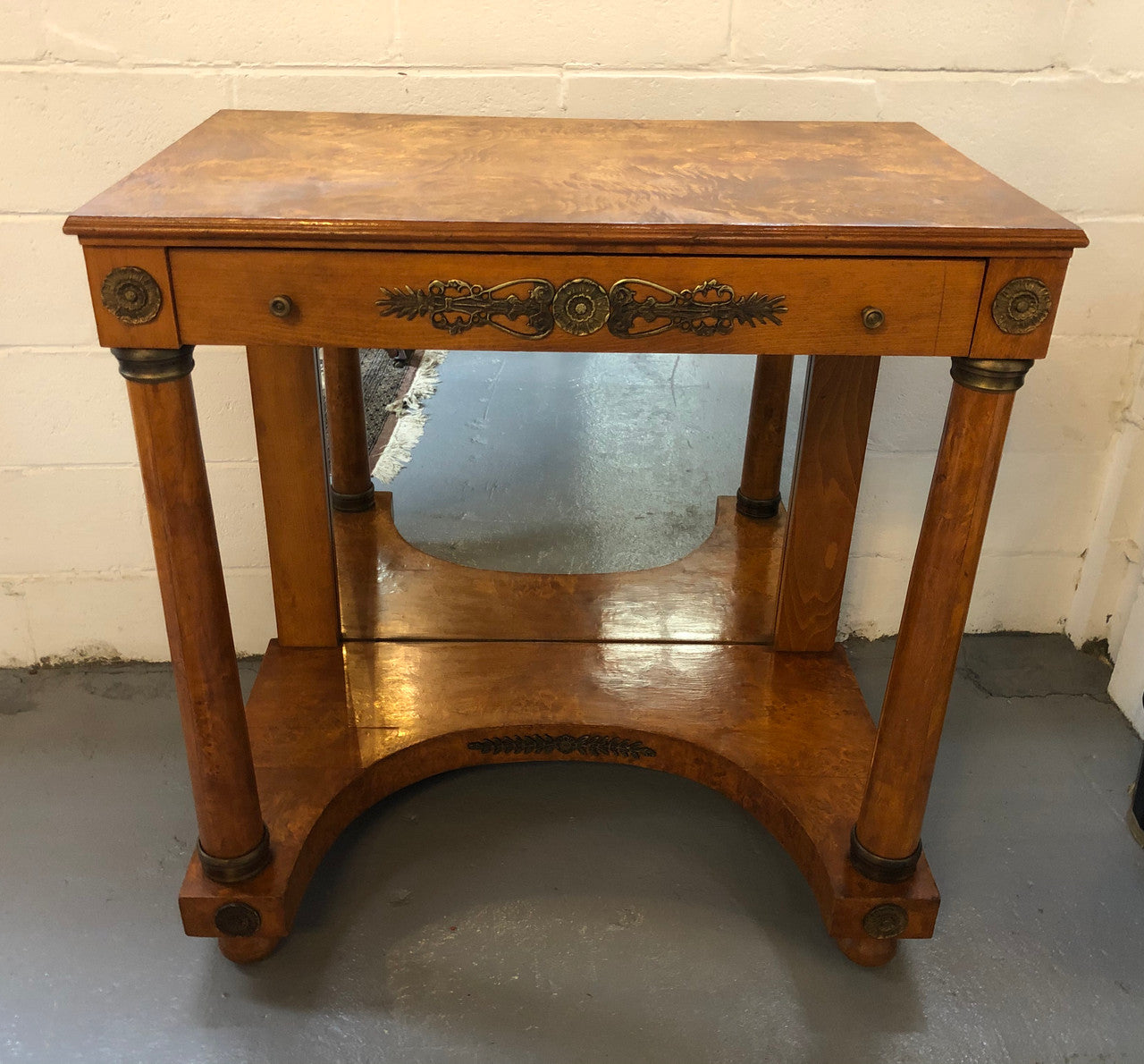 Art Deco Empire Style Console/Desk. It has a mirror underneath and a dawer. It could be used as a console table or as a small desk. In good restored condition.