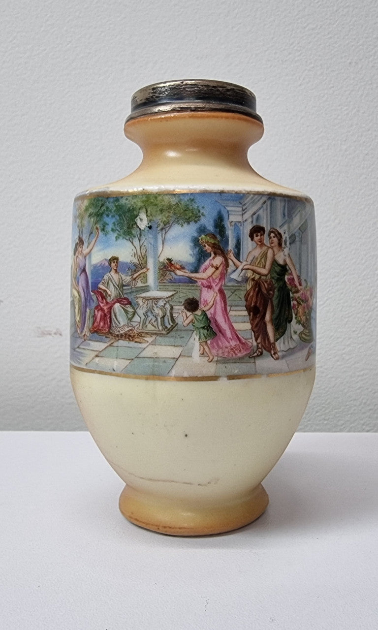 Antique silver top vase with interesting scenes. Please view photos as they form part of the description. In good original condition.