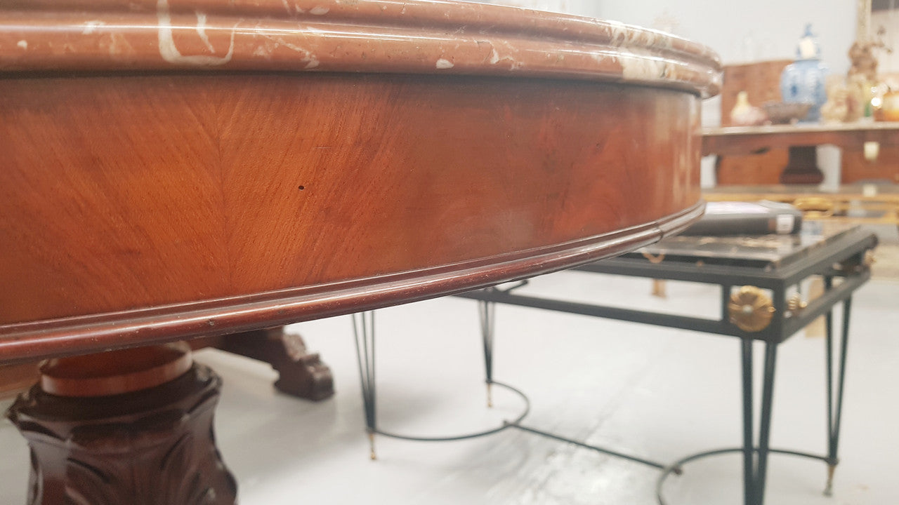 A superb early 19th century French Louis Philippe mahogany centre table, with original round carved rough marble with reeded-edge and is in good original condition.
