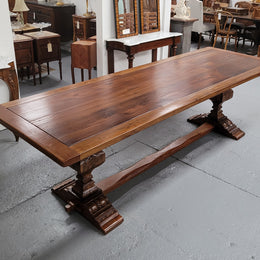 French style reclaimed Elm Farmhouse table with stretcher base and amazing carving underneath. Table can sit 10-12 people and is in good original detailed condition.