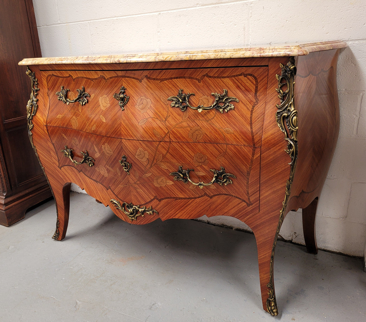 ** ON HOLD** Louis XV Style Two Drawer Marquetry Inlaid Kingwood Marble Top Commode | Antique & Vintage | Moonee Ponds Antiques | Australia Wide Delivery