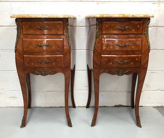 Pair of French Louis XV Style Marquetry Inlaid Marble Top Bedsides