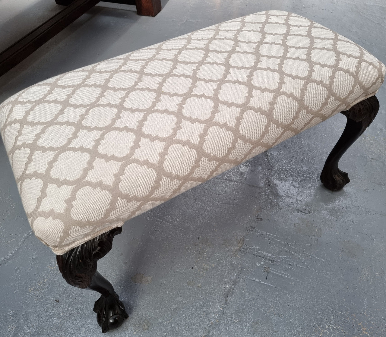 Upholstered Chippendale stool. Fabric is in very good condition and chair is in good original detailed condition.