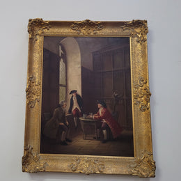An engaging gilt framed signed oil on canvas of a "French Interior Scene". It has been sourced from France and is in good original detailed condition.